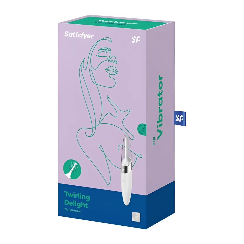 Satisfyer twirling delight tip stimulator in white and silver with a lavender and teal box packaging