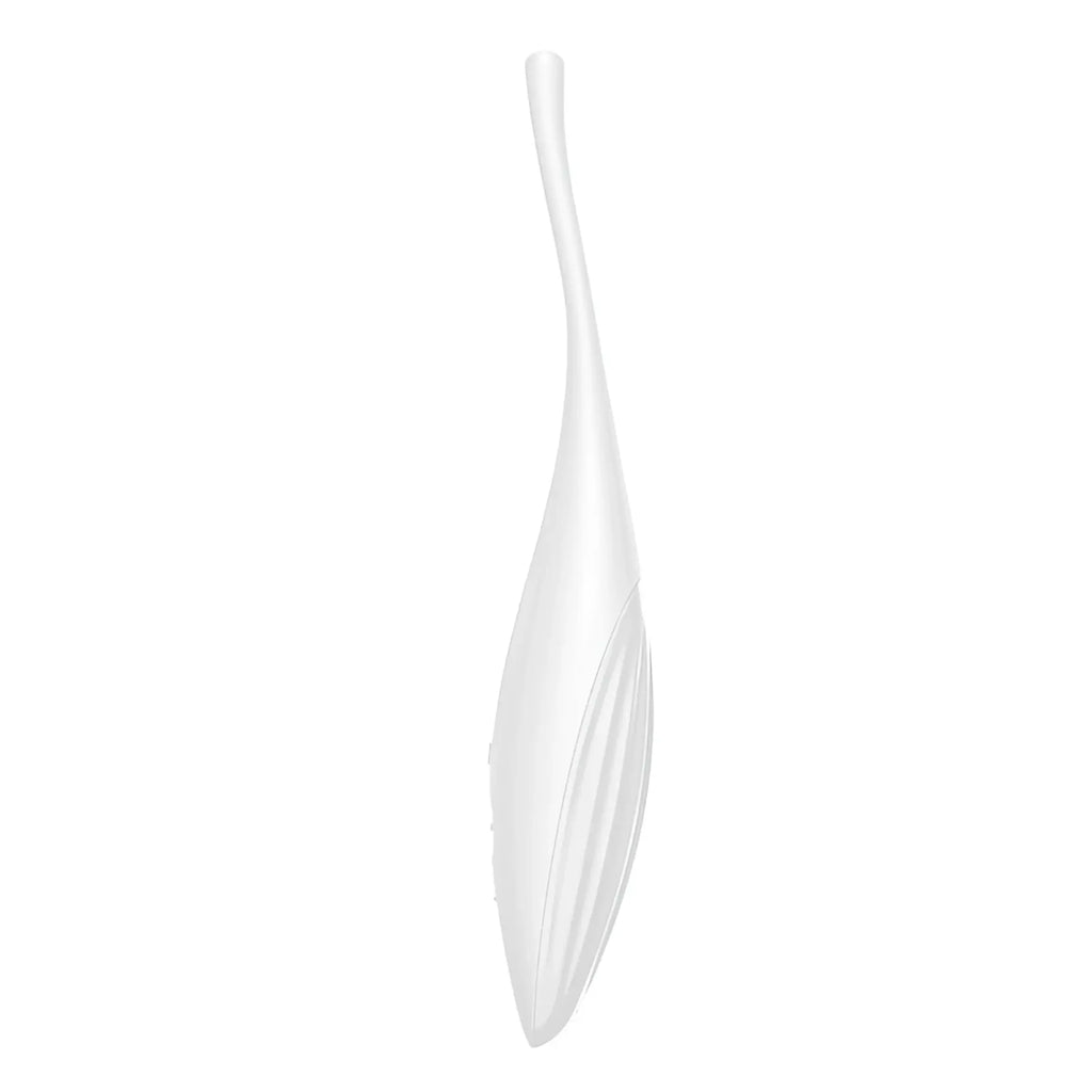 A sleek white plastic spoon with an elongated handle and curved bowl from Satisfyer Twirling Joy Tip Stimulator