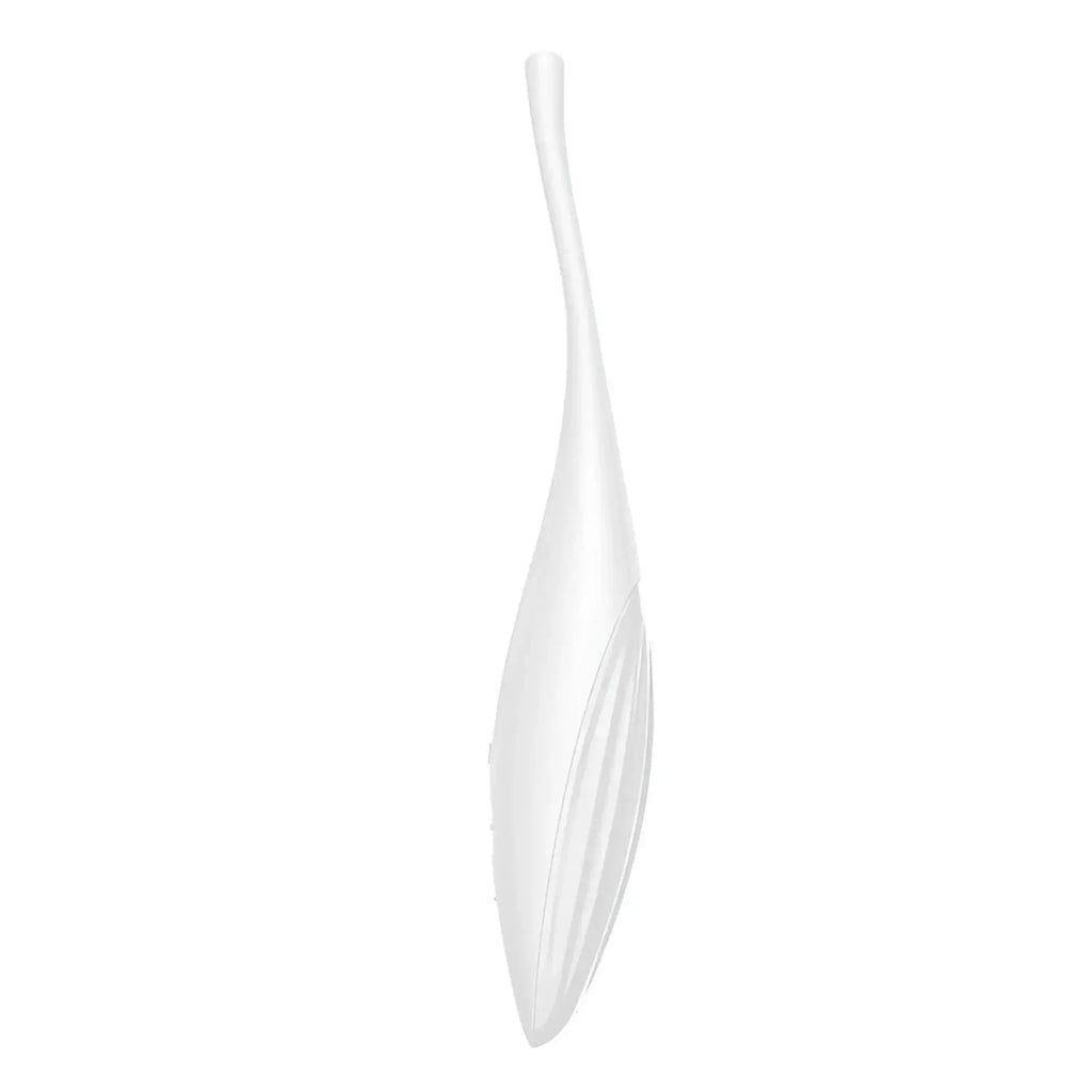 A sleek white plastic spoon with an elongated handle and curved bowl from Satisfyer Twirling Joy Tip Stimulator