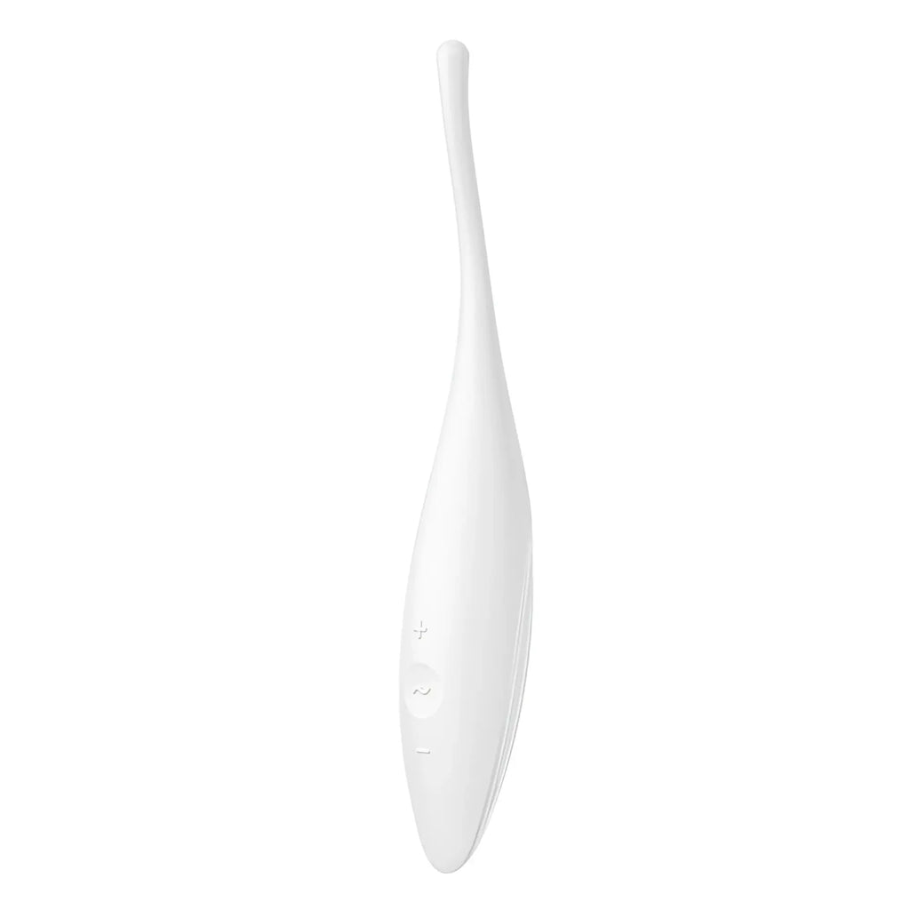 White sleekly curved silicone satisfyer twirling joy tip stimulator with subtle embossed control buttons