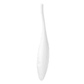 White sleekly curved silicone satisfyer twirling joy tip stimulator with subtle embossed control buttons