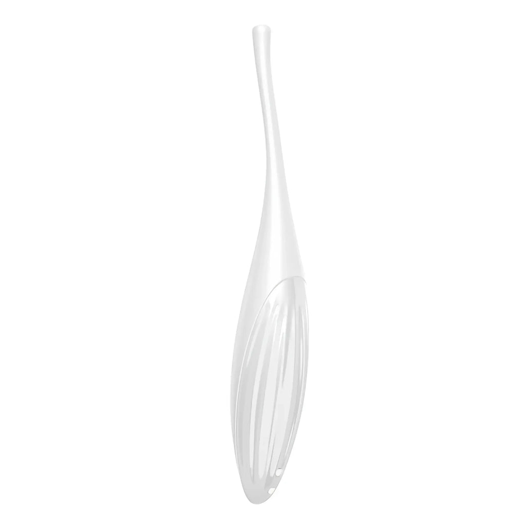 Transparent plastic ear cleaning tool with ribbed texture for precise stimulation in white satisfyer twirling joy tip stimulator