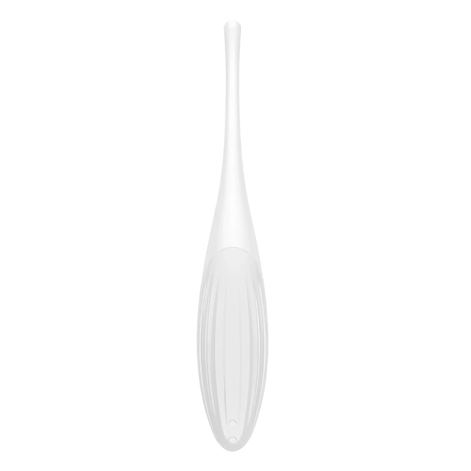 Transparent white silicone ear cleaning tool with slender tapered design and vertical ridges from satisfyer twirling joy tip stimulator