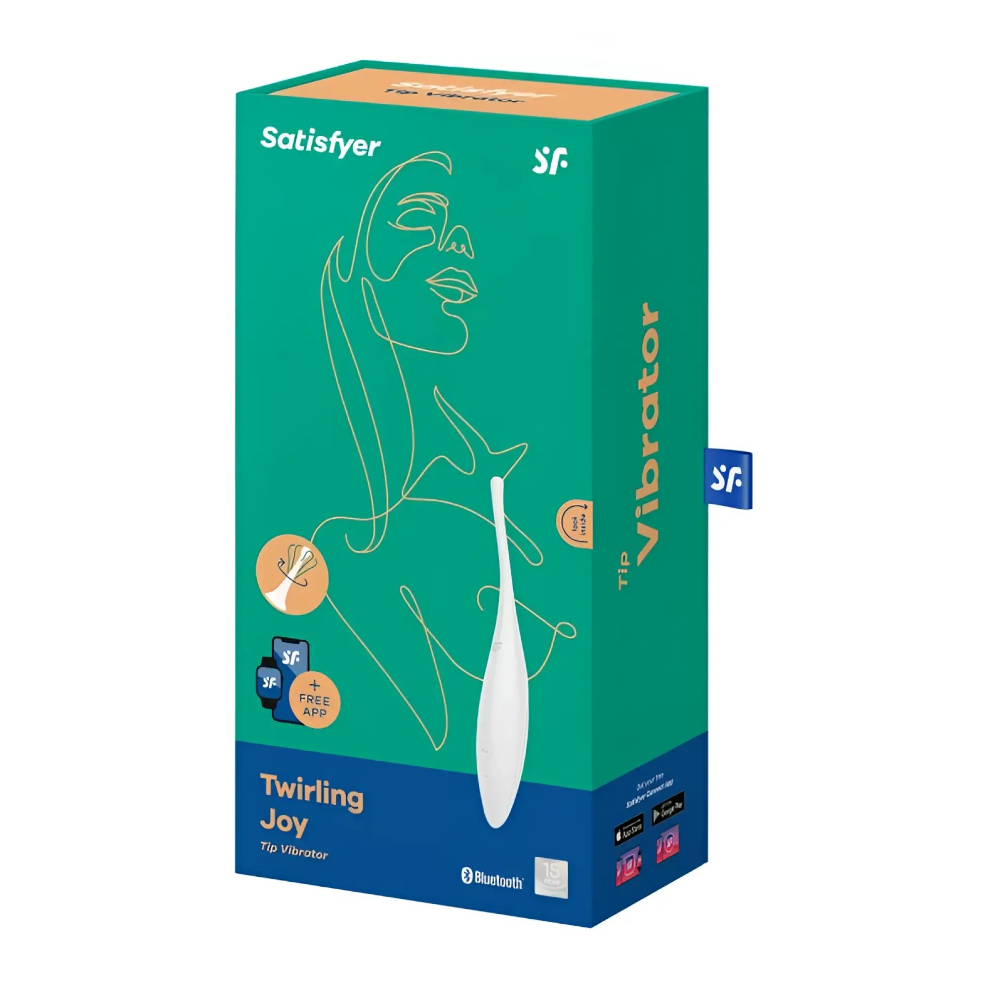 Satisfyer twirling joy tip stimulator white vibrator in sleek design packaged in vibrant teal and blue box with minimalist art