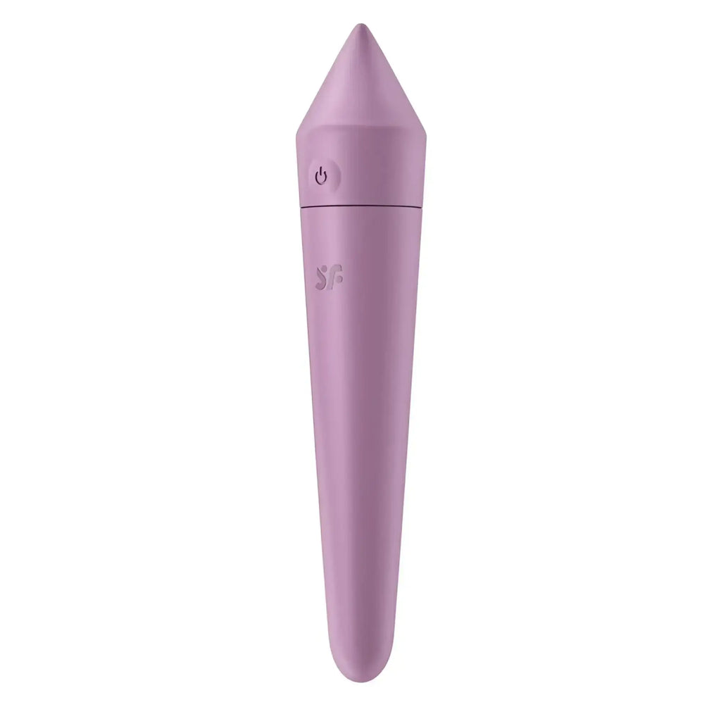 A sleek lavender silicone vibrator with a pointed tip and power button near the top from satisfyer ultra power bullet 8