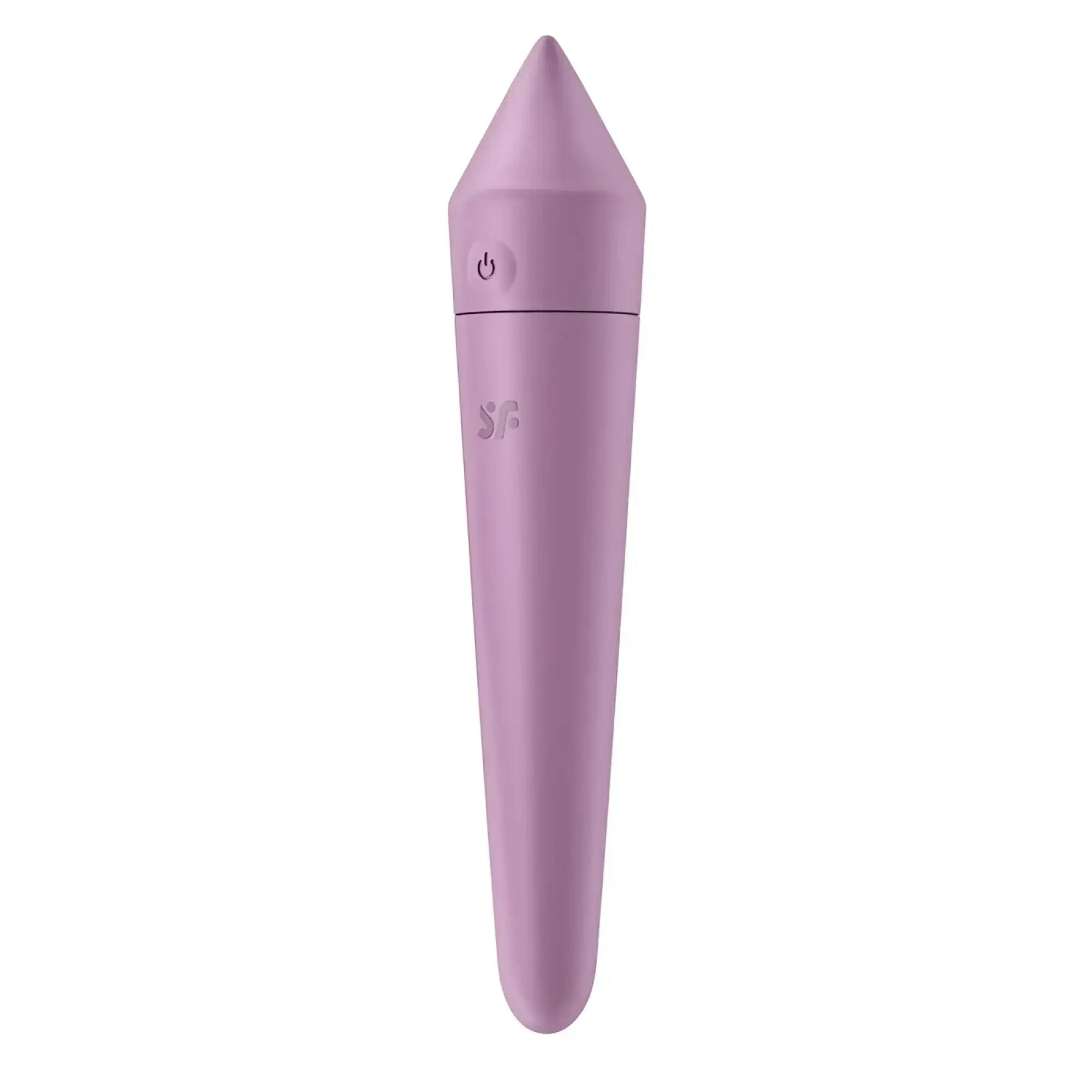 A sleek lavender silicone vibrator with a pointed tip and power button near the top from satisfyer ultra power bullet 8