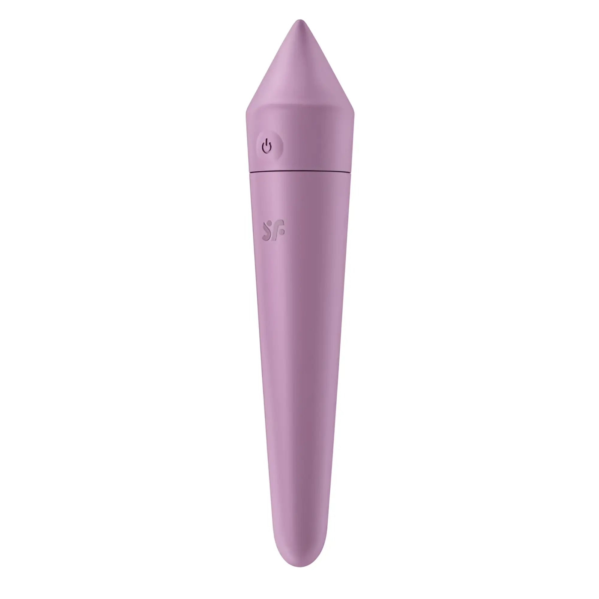 A sleek lavender silicone vibrator with a pointed tip and power button near the top from satisfyer ultra power bullet 8
