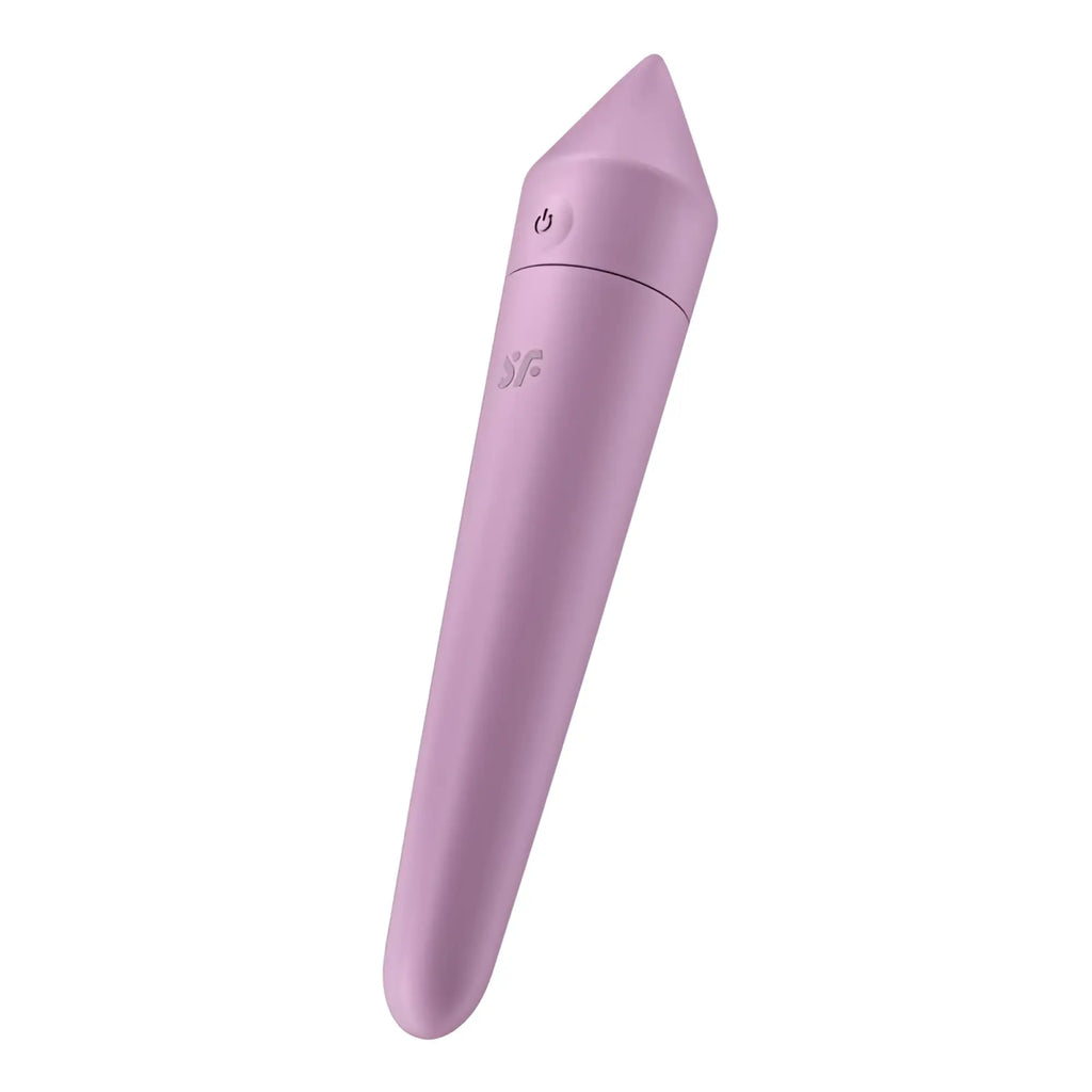 Satisfyer Ultra Power Bullet 8 sleek matte lavender silicone toy with pointed tip and power button near the top