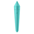 A sleek matte teal silicone Satisfyer Ultra Power Bullet 8 vibrator with a pointed tip and top power button