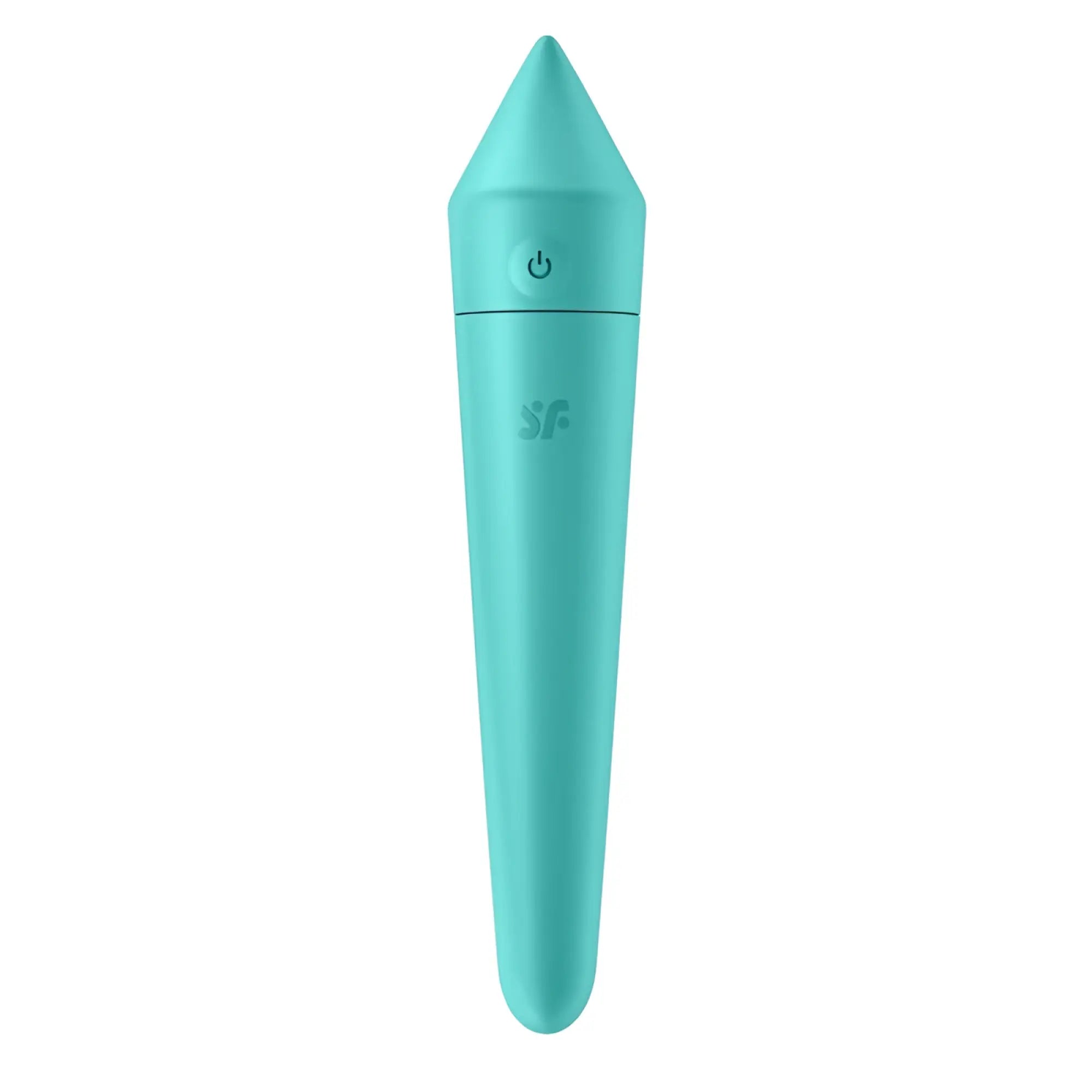 A sleek matte teal silicone Satisfyer Ultra Power Bullet 8 vibrator with a pointed tip and top power button