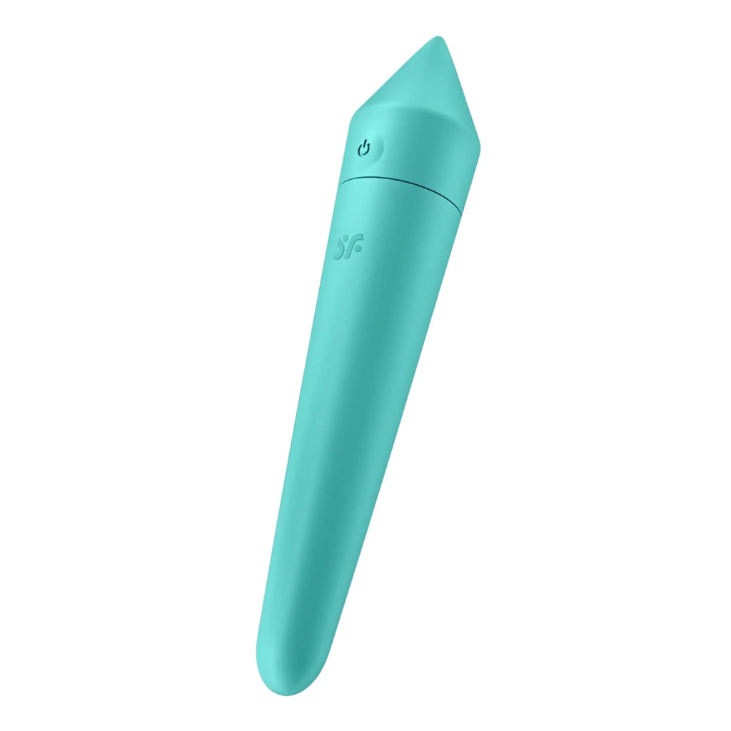 A sleek matte teal silicone wand with pointed tip and power button in the Satisfyer Ultra Power Bullet 8 product