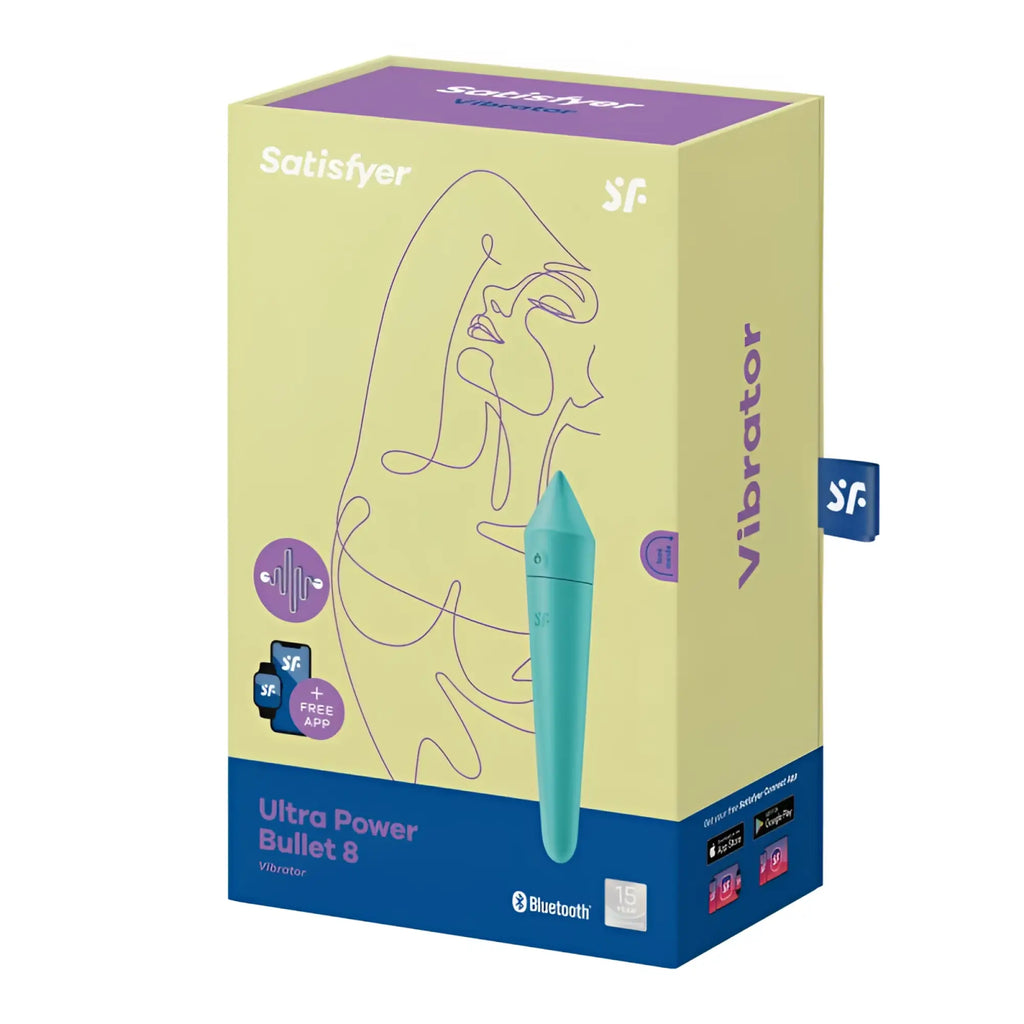 Teal satisfyer ultra power bullet 8 vibrator with sleek tapered design and bluetooth connectivity for personal use