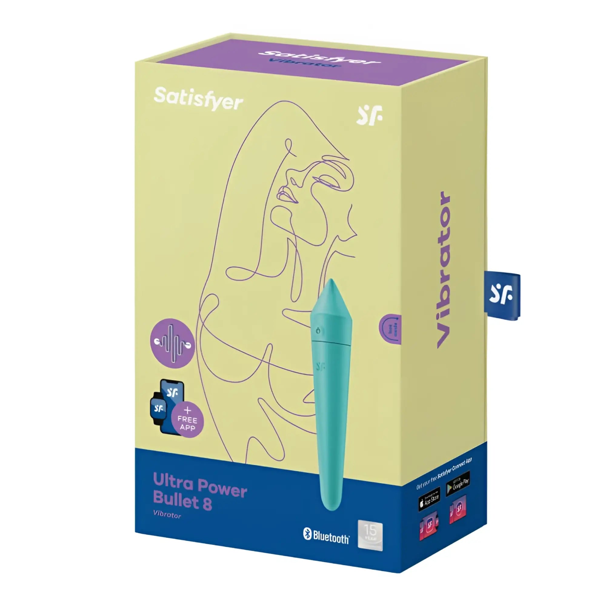 Teal satisfyer ultra power bullet 8 vibrator with sleek tapered design and bluetooth connectivity for personal use