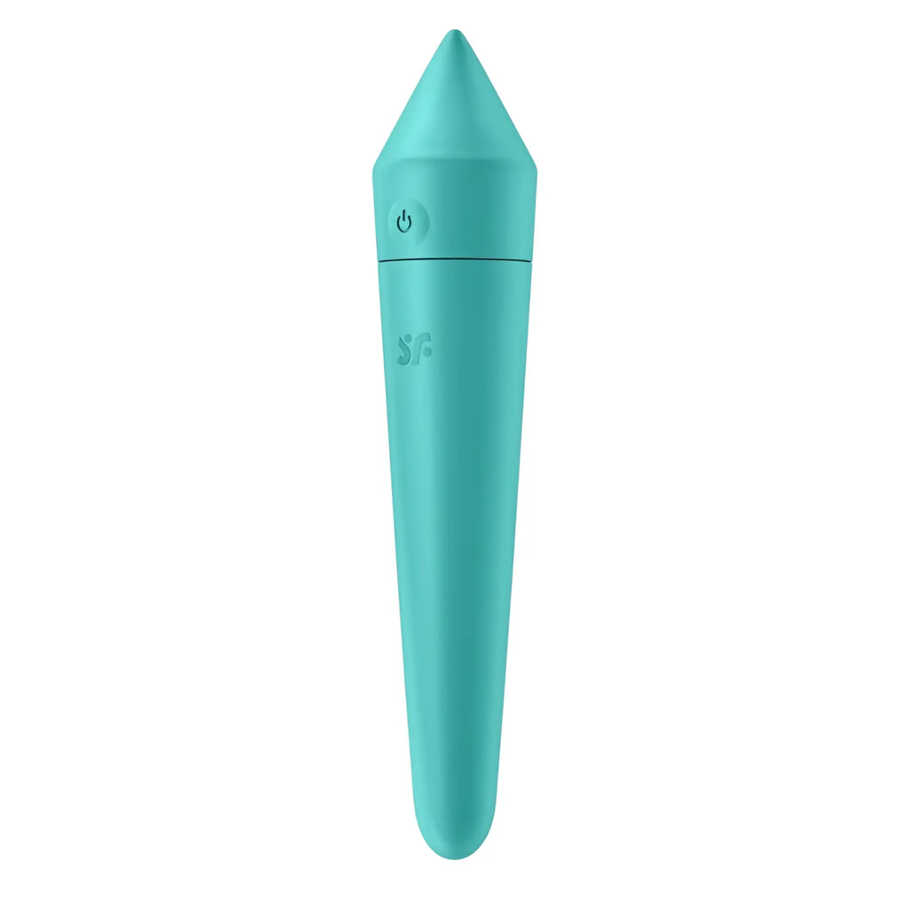 Teal silicone vibrator with pointed tip and power button from Satisfyer Satisfyer Ultra Power Bullet 8 product