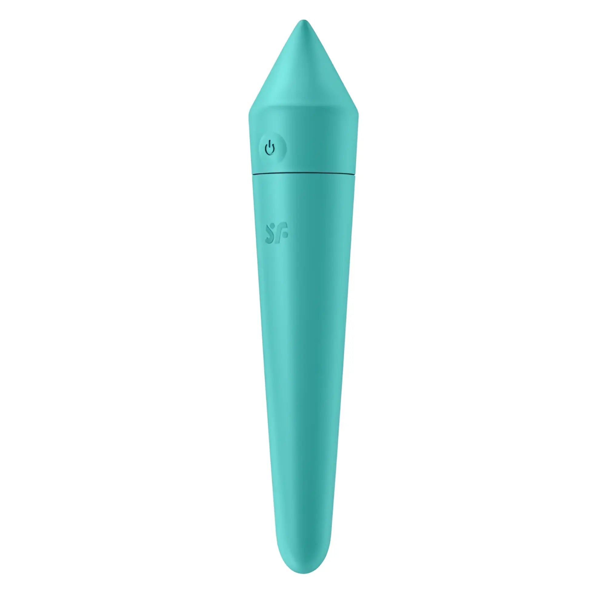Teal silicone vibrator with pointed tip and power button from Satisfyer Satisfyer Ultra Power Bullet 8 product