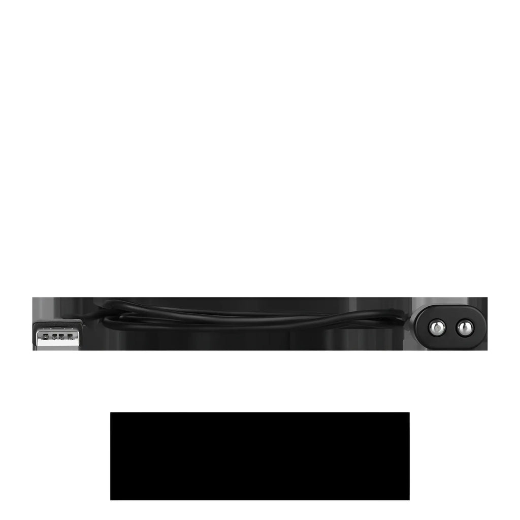 Black usb charge cable by satisfyer with silver connector and two circular buttons on the opposite end