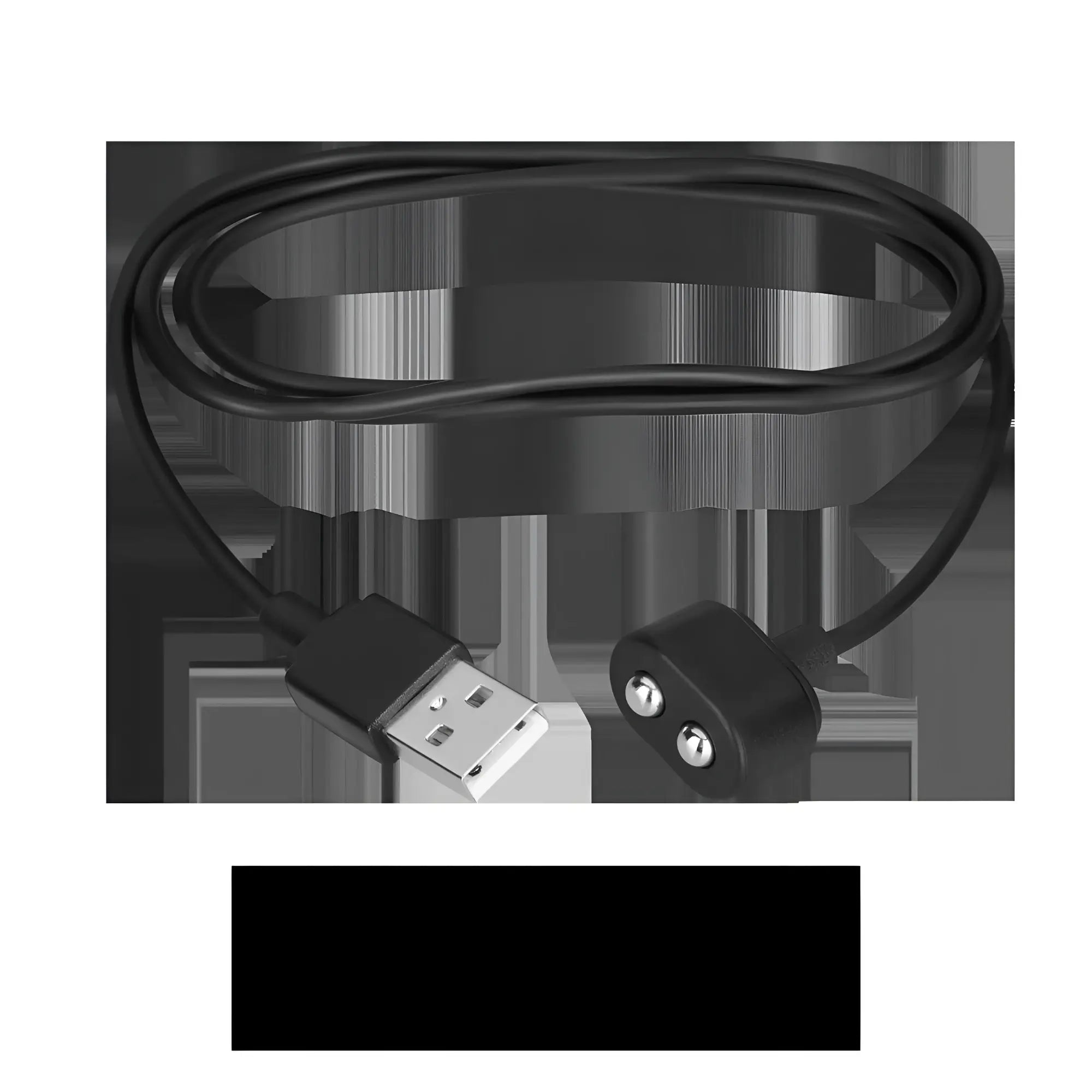 Black usb charging cable with type-a connector and circular magnetic end featuring two metallic contact points for satisfyer