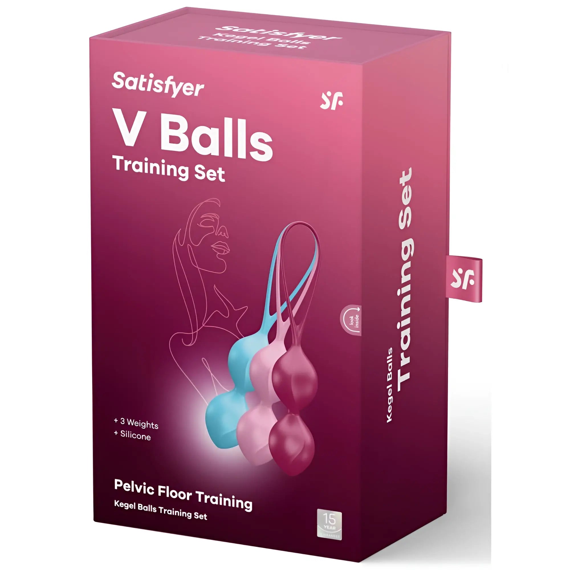 Satisfyer v balls 3 pc training set in pink blue and light purple silicone with adjustable straps for pelvic floor exercises