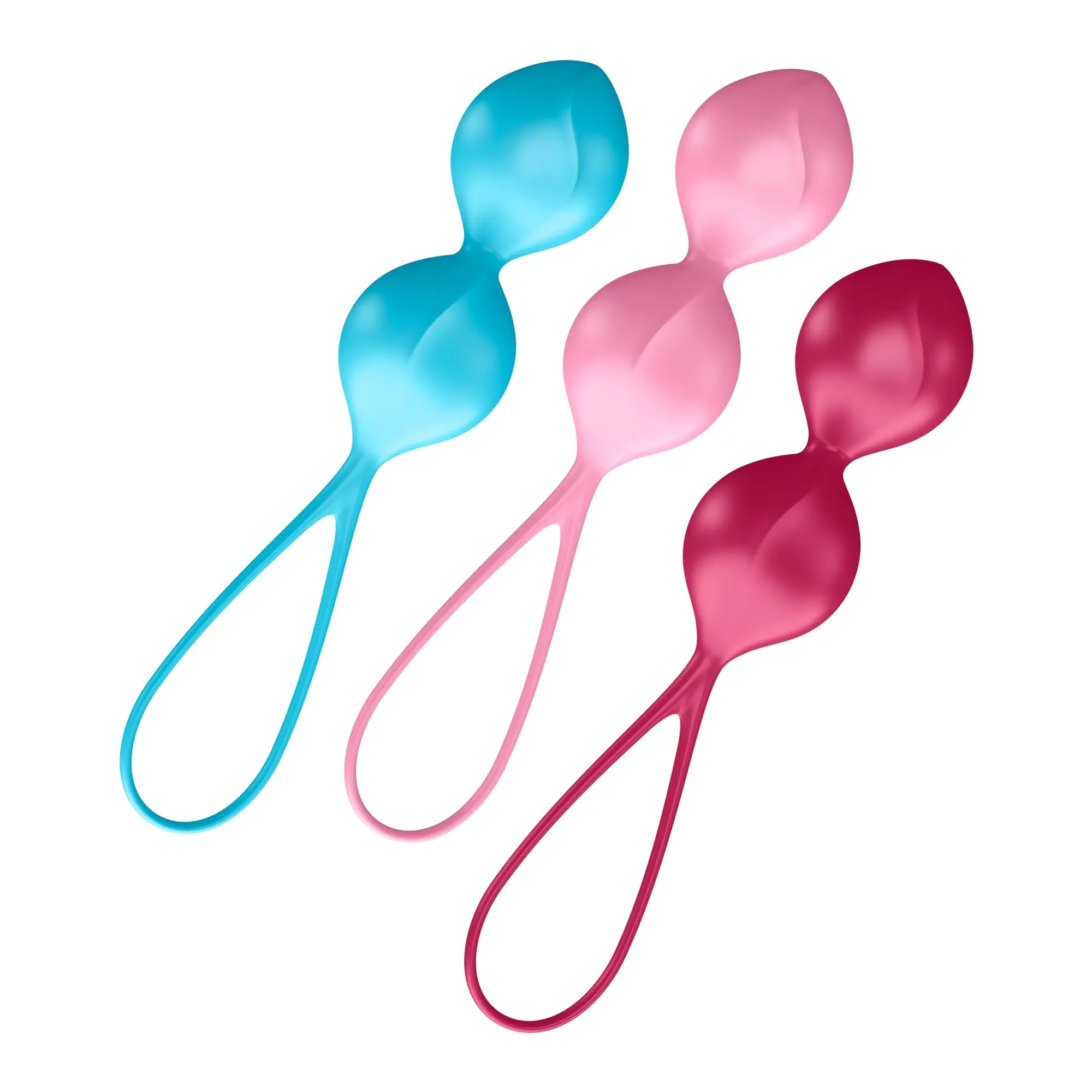 Three silicone egg-shaped vibrators in translucent blue pink and magenta from satisfyer satisfyer v balls 3 pc set