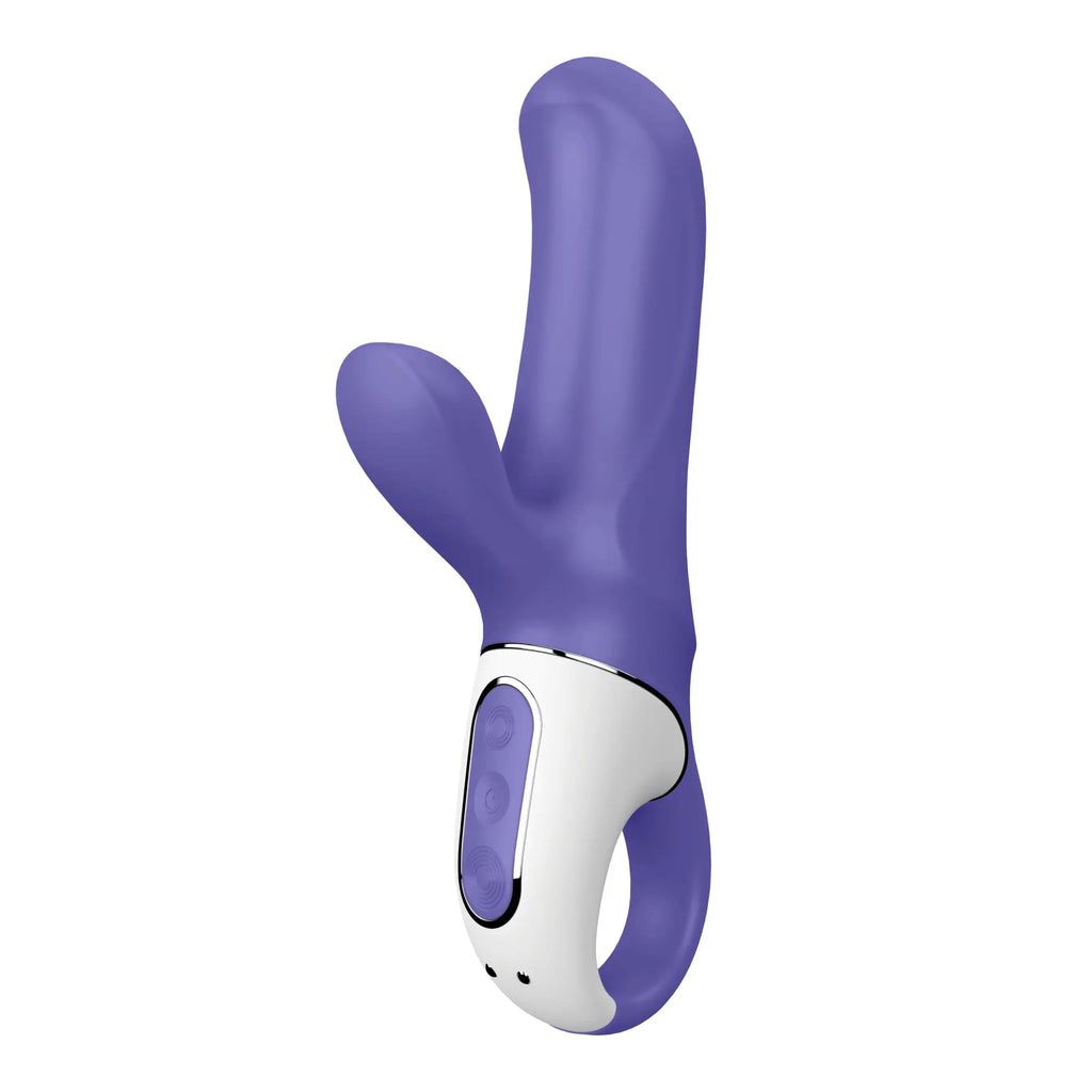 Purple silicone rabbit-shaped vibrator with white control panel and silver trim from Satisfyer vibes magic bunny