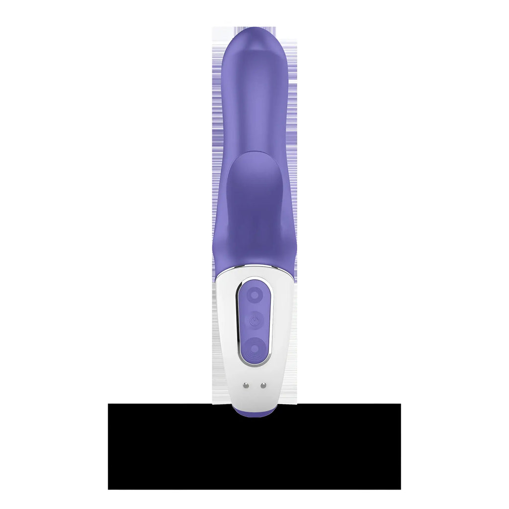 Satisfyer vibes magic bunny purple and white silicone handheld vibrating toy with a sleek ergonomic design