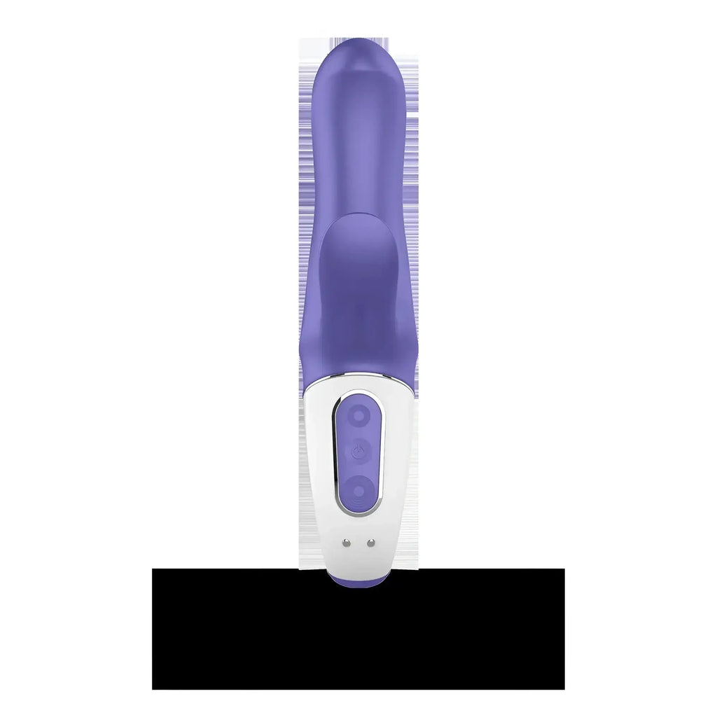 Satisfyer vibes magic bunny purple and white silicone handheld vibrating toy with a sleek ergonomic design