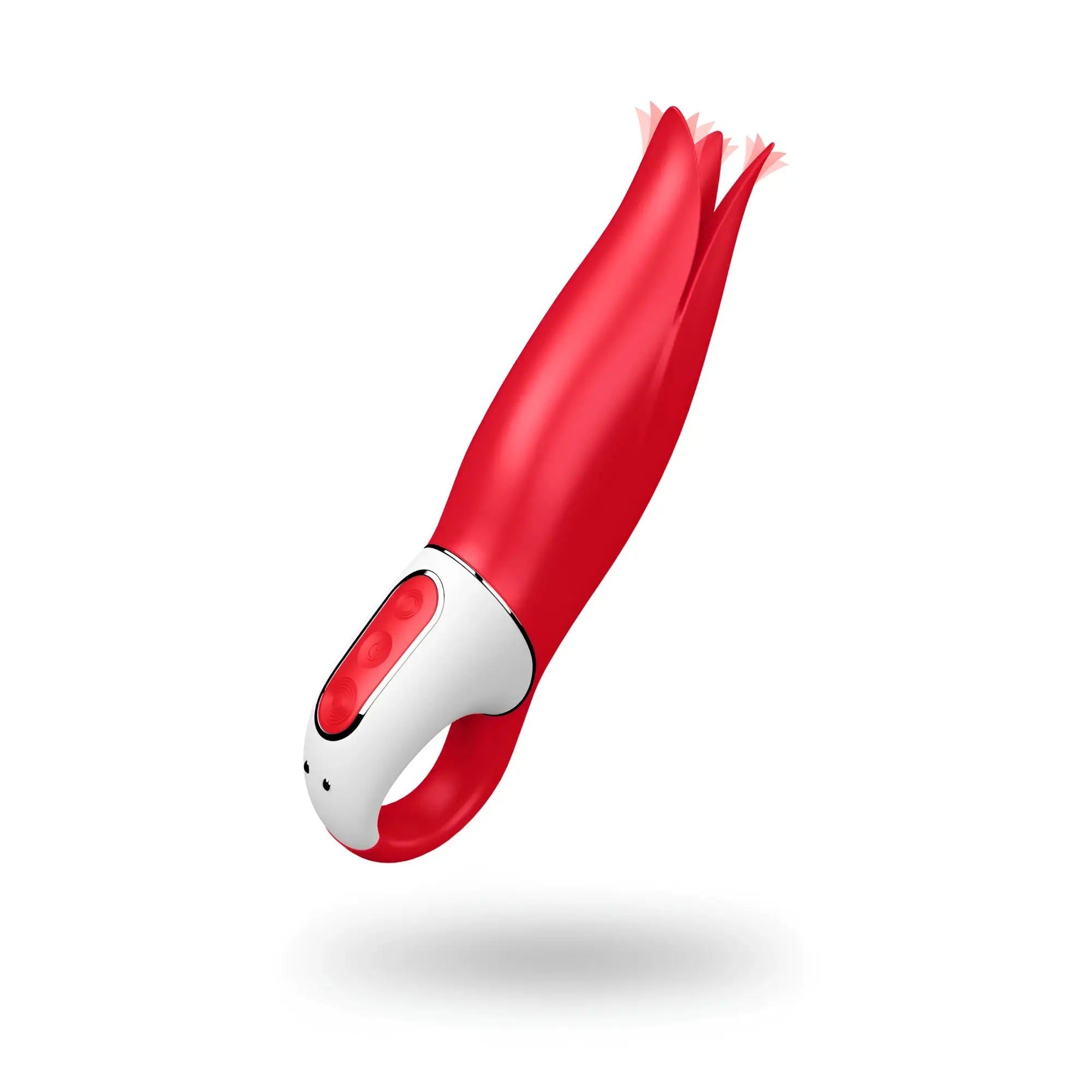 Satisfyer vibes power flower red and white silicone toy with sleek tapered design resembling a flower or tongue