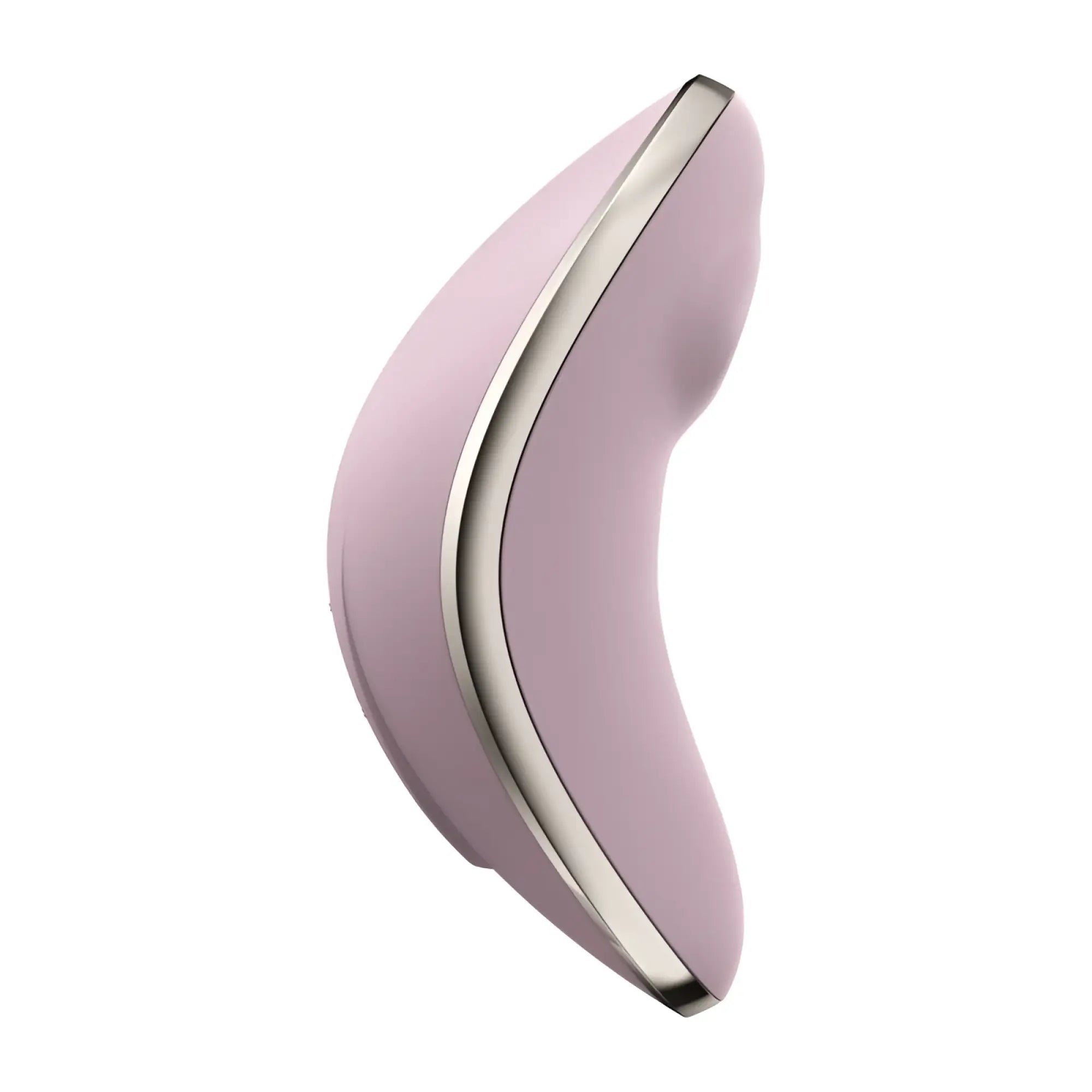 Satisfyer vulva lover 1 violet device in blush pink silicone with polished silver metallic trim along curved edge