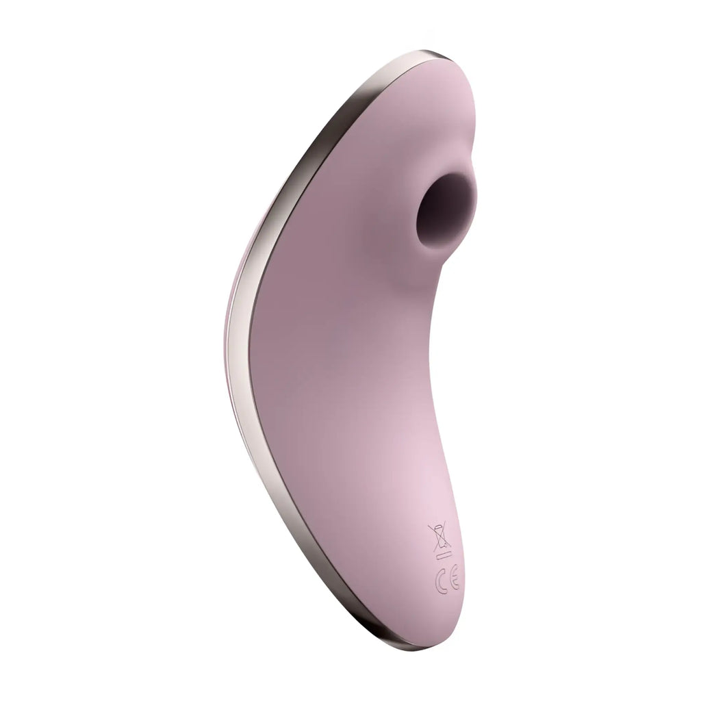 Satisfyer vulva lover 1 violet silicone toy in matte lavender with polished silver edge and rounded nozzle