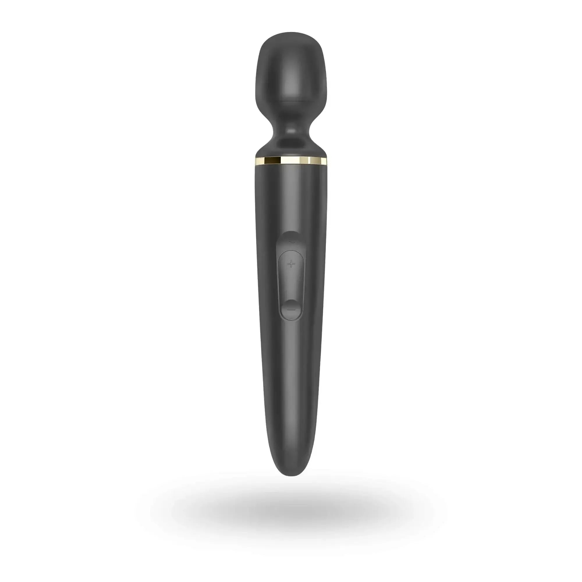 Black wand-style vibrator with gold accent ring and textured grip from satisfyer satisfyer wand-er woman black