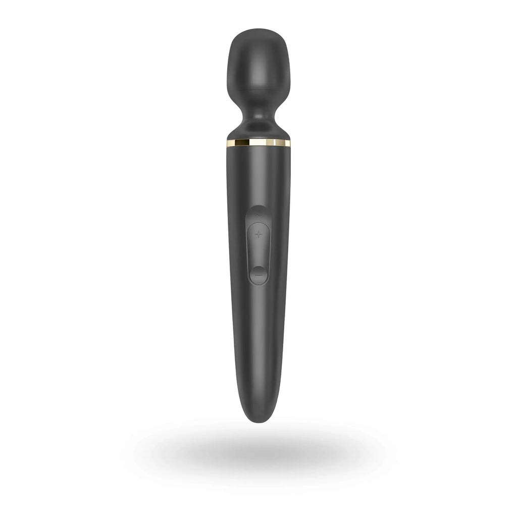 Black wand-style vibrator with gold accent ring and textured grip from satisfyer satisfyer wand-er woman black