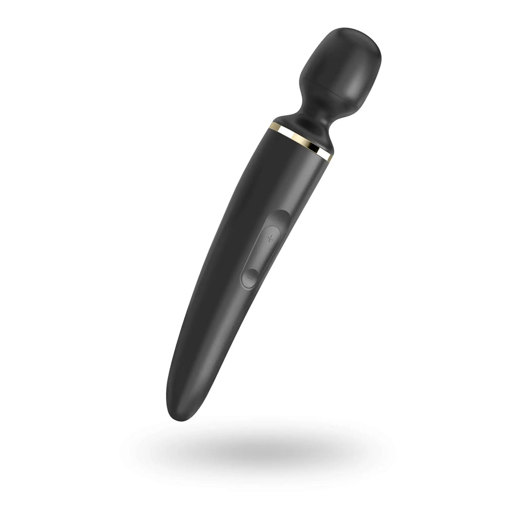 Satisfyer Satisfyer Wand-er Woman black wand-style vibrator with sleek glossy finish and gold accent ring near handle
