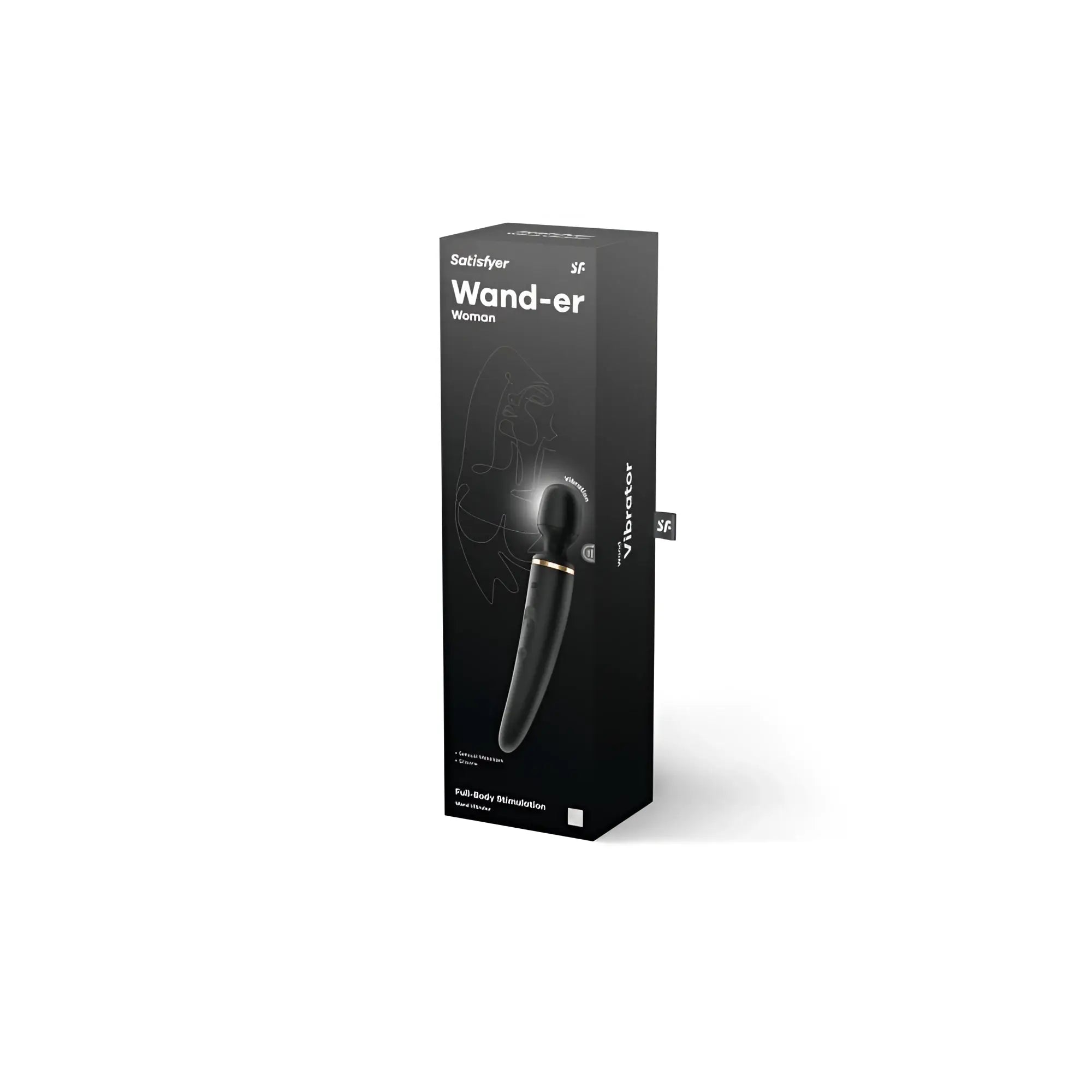 Satisfyer wand-er woman black vibrator in sleek black packaging with gold accent details for personal pleasure