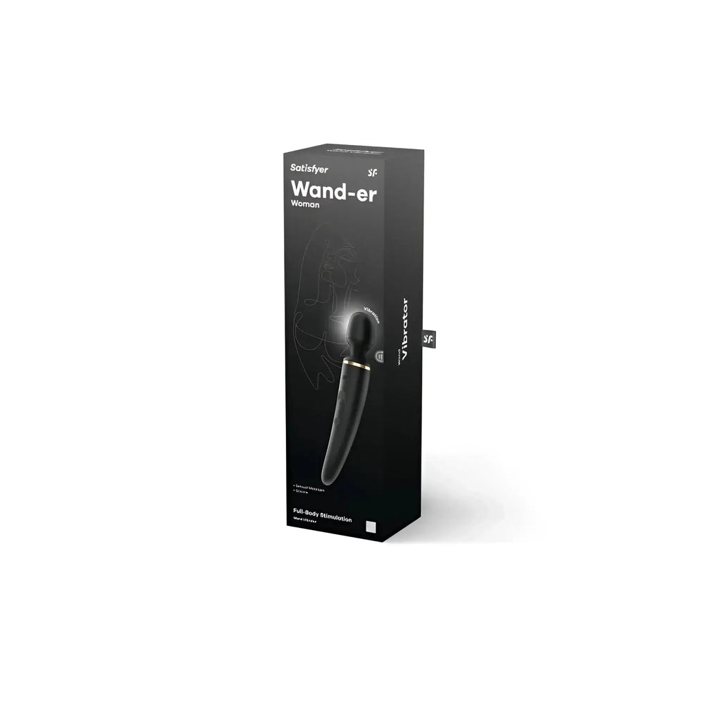 Satisfyer wand-er woman black vibrator in sleek black packaging with gold accent details for personal pleasure