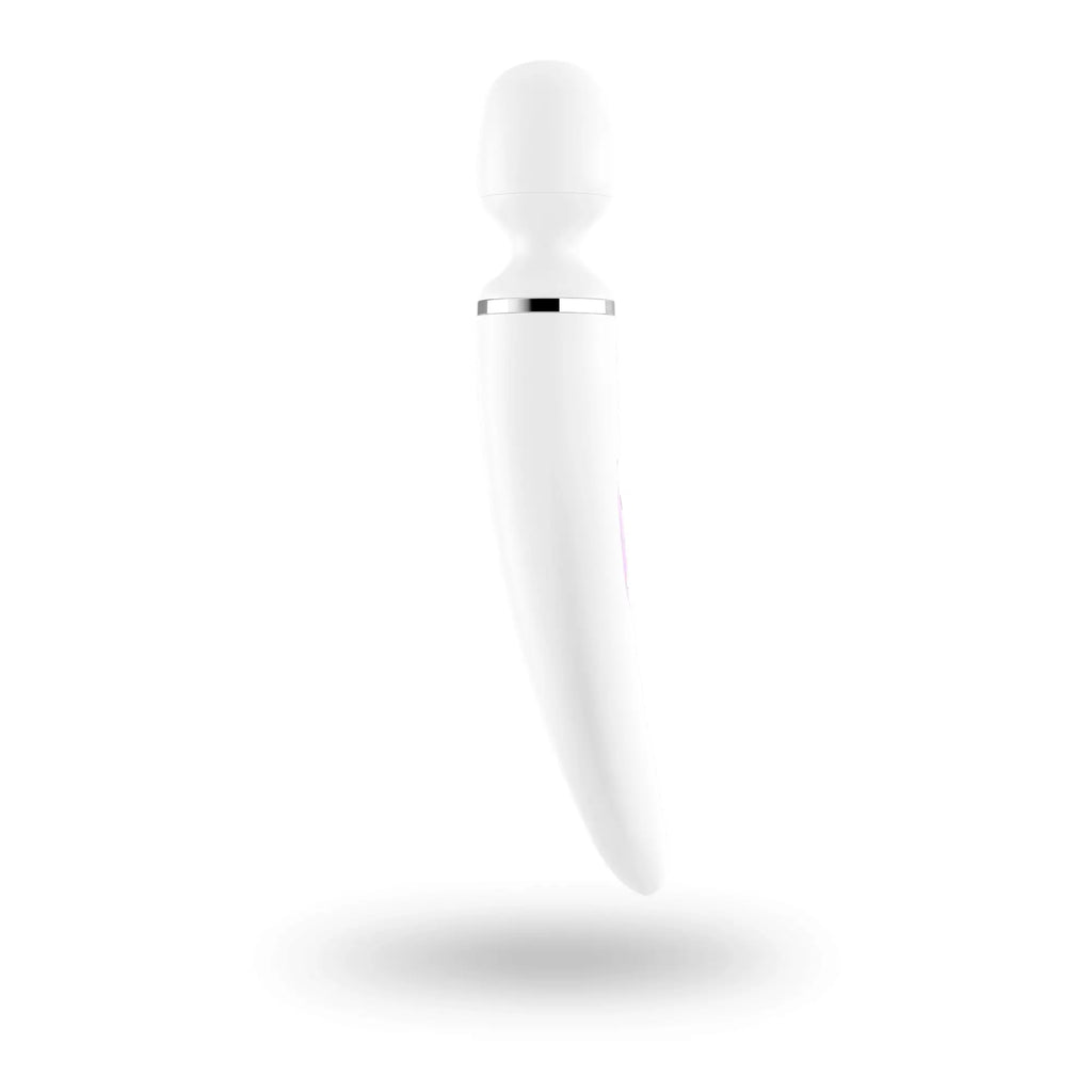 Satisfyer wand-er woman white ceramic wand with sleek smooth surface and silver metallic band near the top
