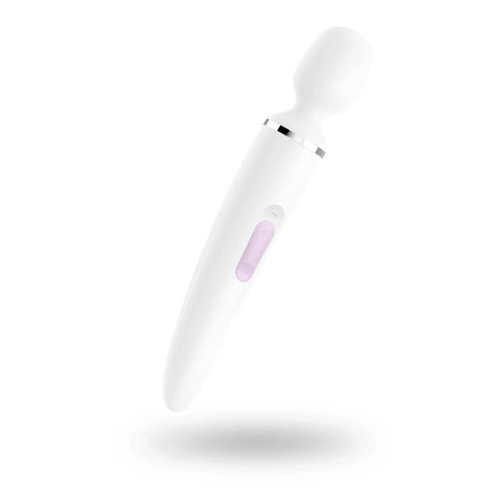 Satisfyer wand-er woman white silicone wand with silver accent band and soft lavender power button