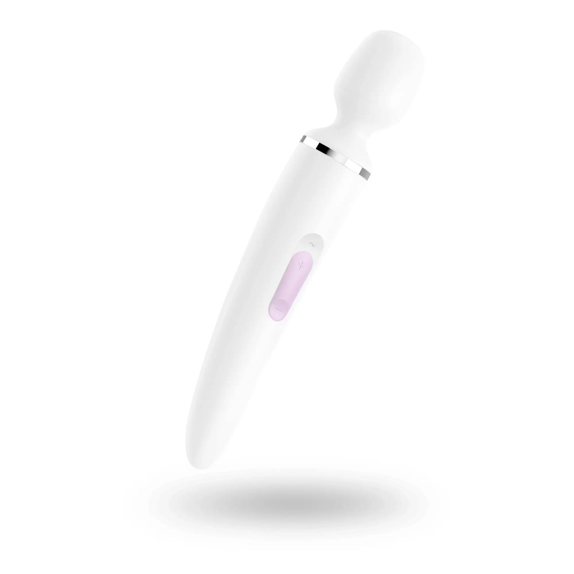 Satisfyer wand-er woman white silicone wand with silver accent band and soft lavender power button