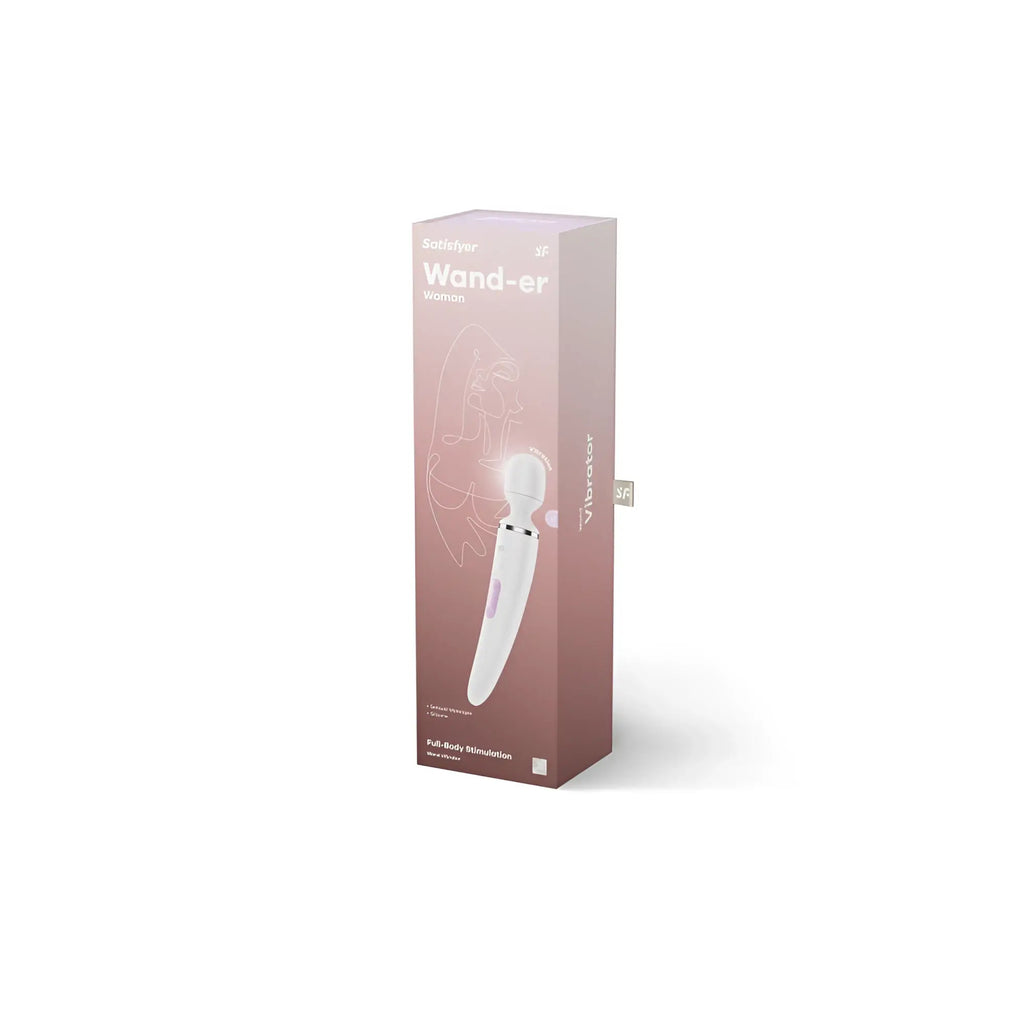 A sleek white and purple satisfyer wand-er women’s vibrator in rose gold packaging for personal pleasure