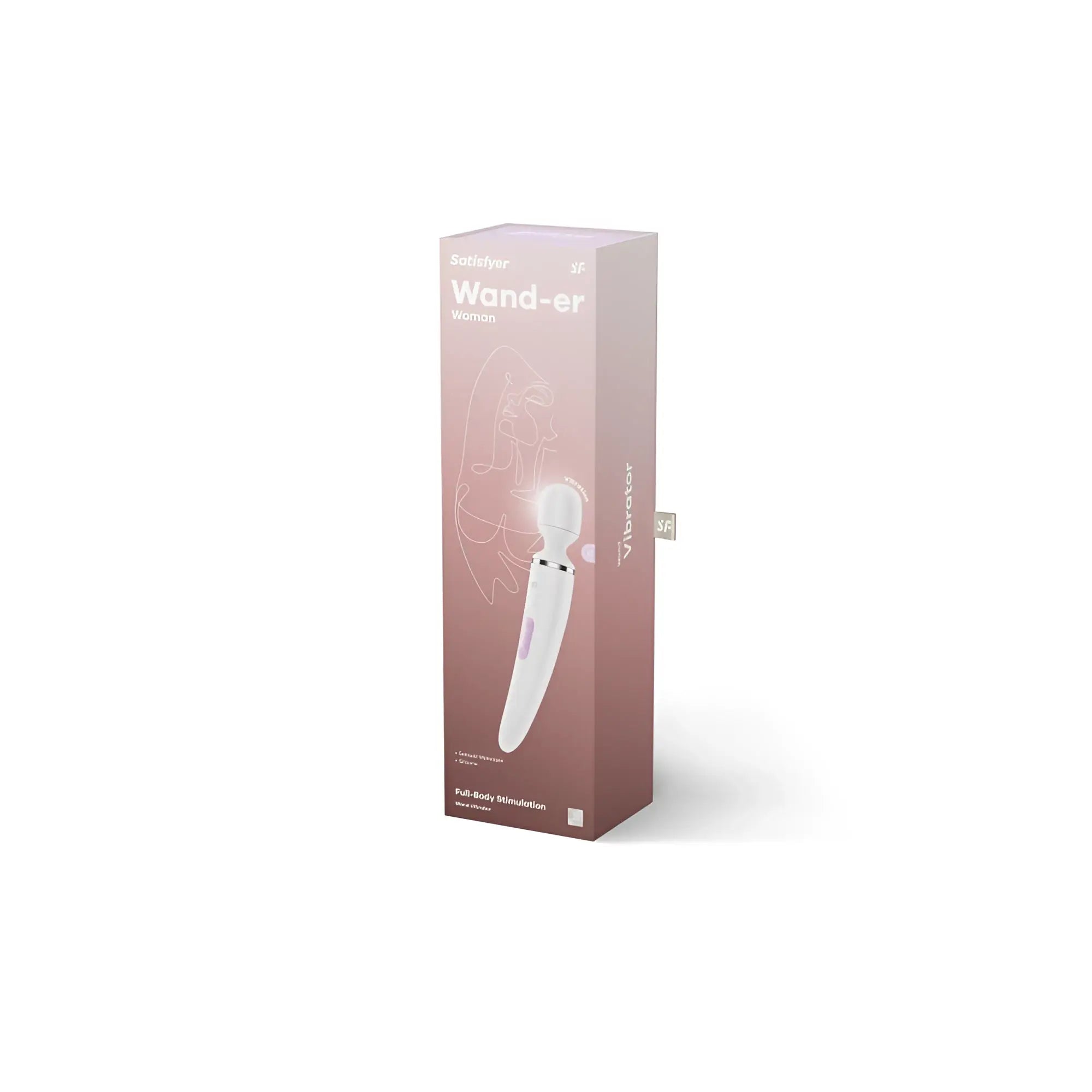 A sleek white and purple satisfyer wand-er women’s vibrator in rose gold packaging for personal pleasure