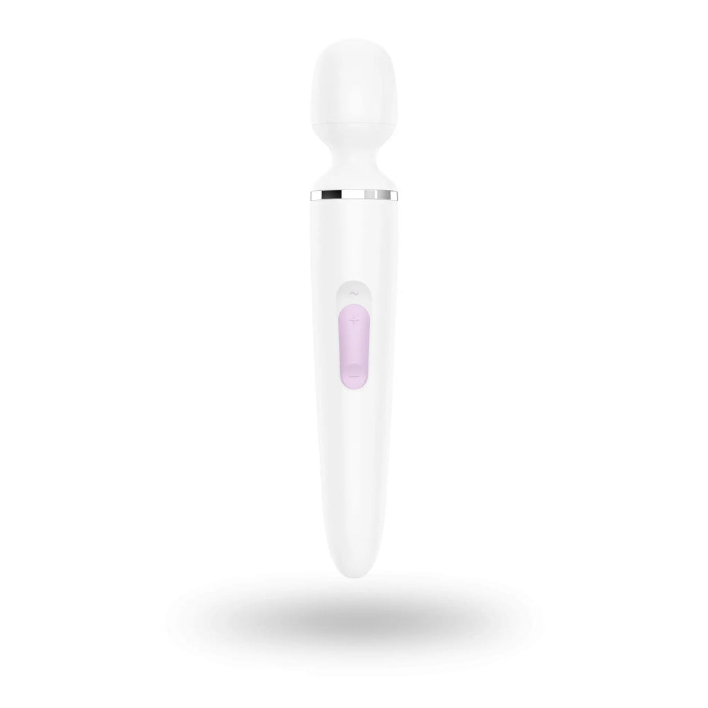 Satisfyer wand-er woman white wand-style vibrator with sleek smooth design and lavender accent on power button