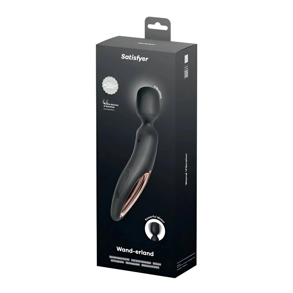 Satisfyer wand-erland black bodywand vibrator with rose gold accents and 50 vibration modes for powerful massage