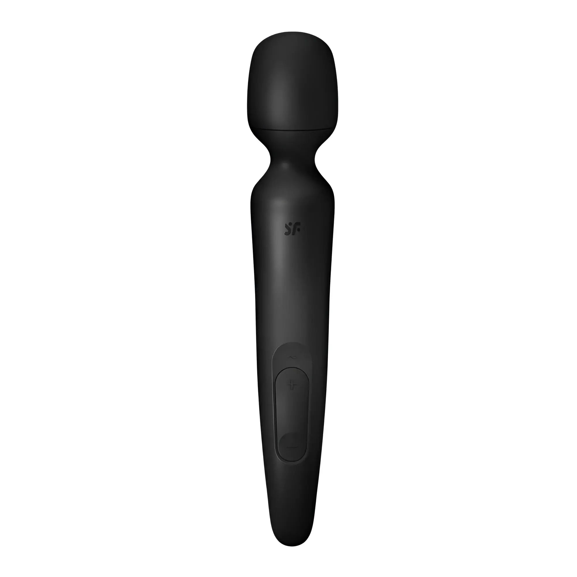 Satisfyer wand-erland black bodywand is a black silicone-wrapped wand-style massager with an ergonomic design and subtle branding