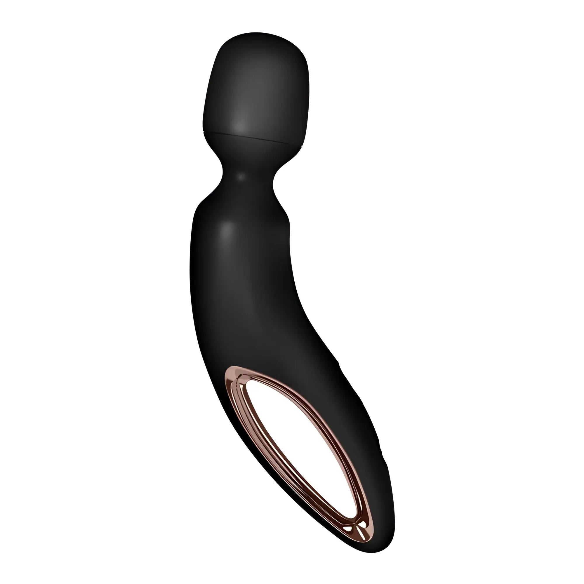 Black silicone-wrapped wand-style vibrator with rose gold accent ring from satisfyer wand-erland 50 mode bodywand