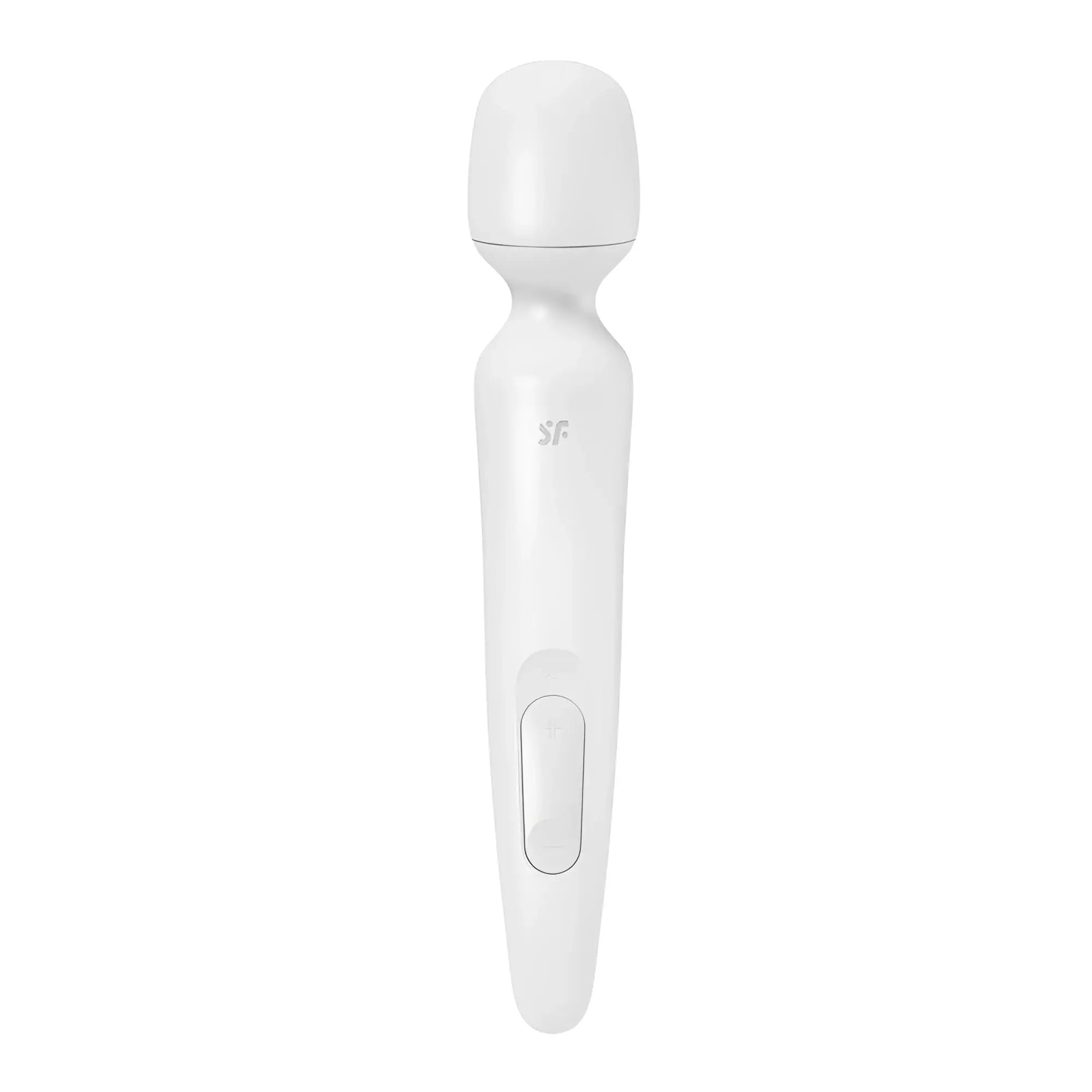 White silicone-handled wand-style massager with smooth rounded head and sf logo from satisfyer wand-erland 50 mode