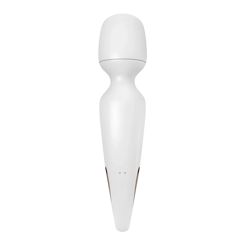 White satisfyer wand-erland body wand with 50 modes smooth glossy finish and subtle brown accent lines near the base