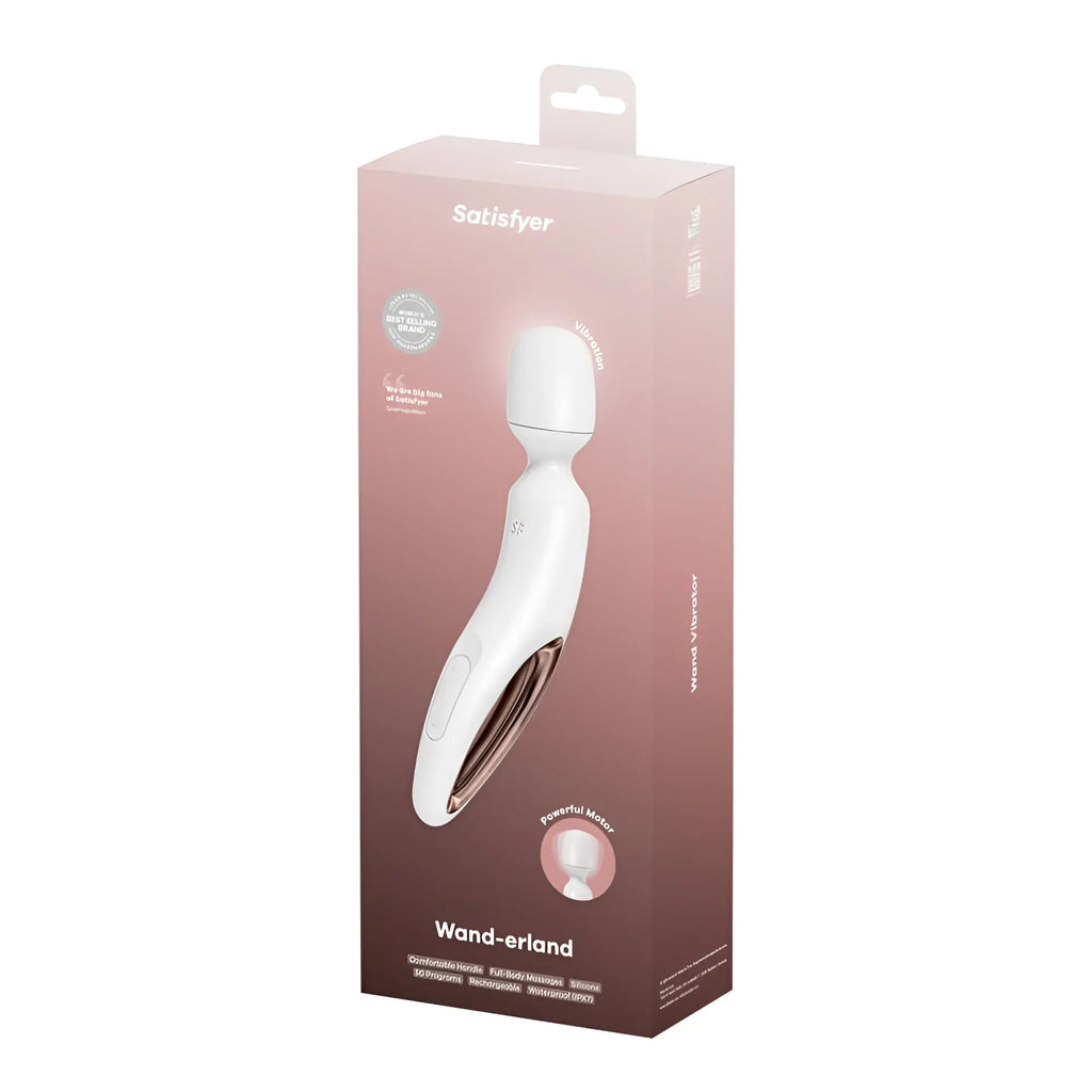 Satisfyer wand-erland white body wand vibrator with sleek ergonomic design and rose gold accent for versatile use