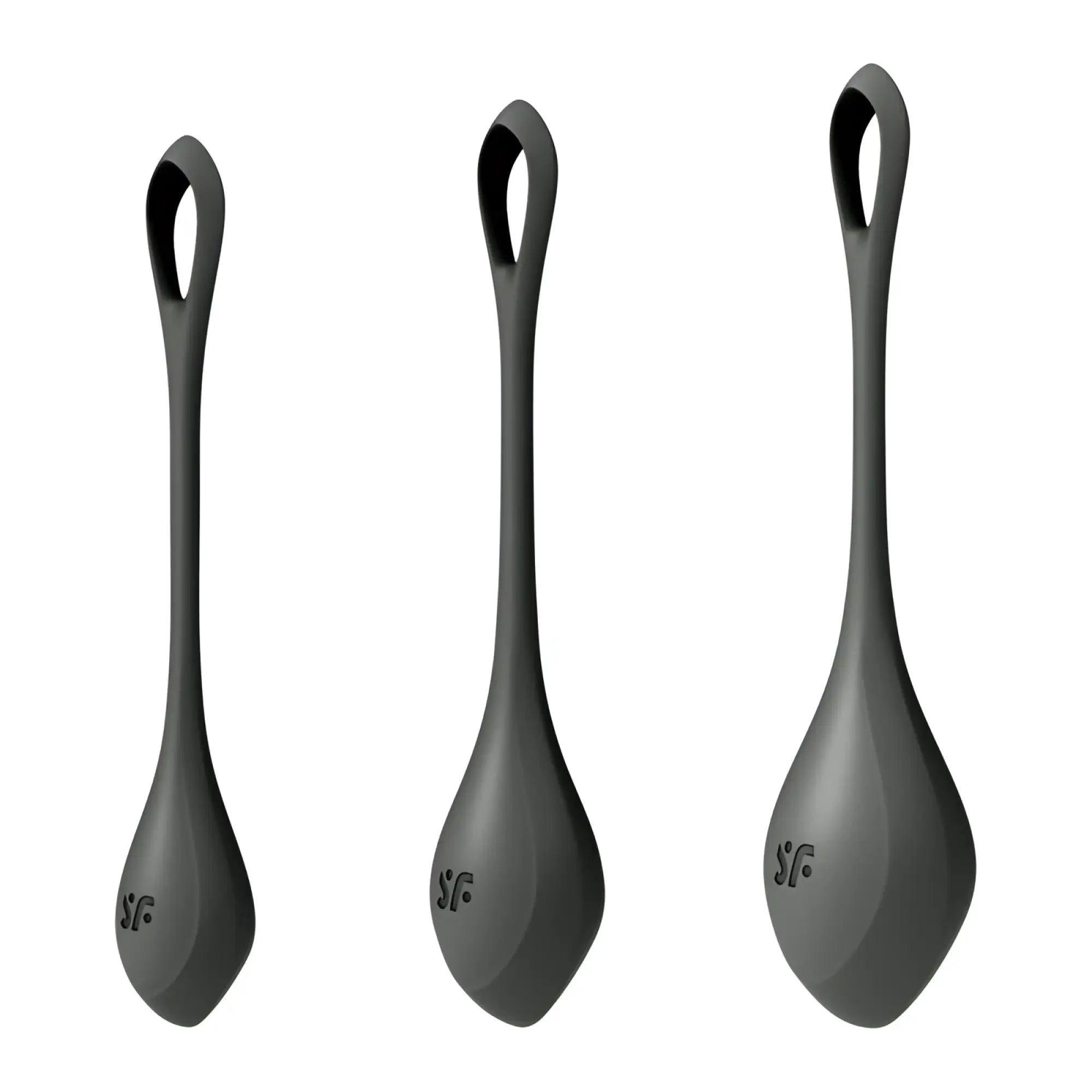 Three matte black silicone spoon shaped satisfyer yoni power balls with looped handles and sf logo engraved on base