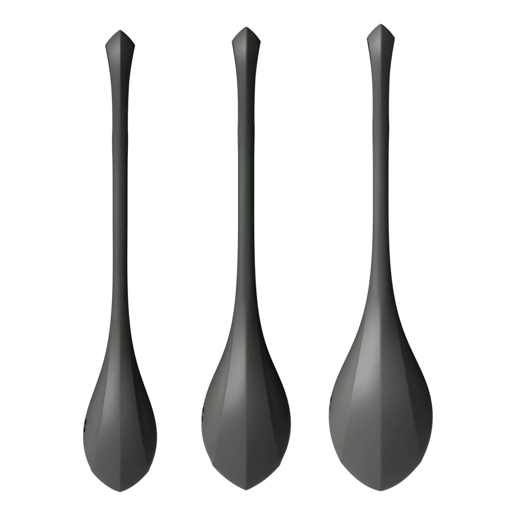 Set of three sleek matte black satisfyer yoni power balls with modern geometric design in a 3 piece set