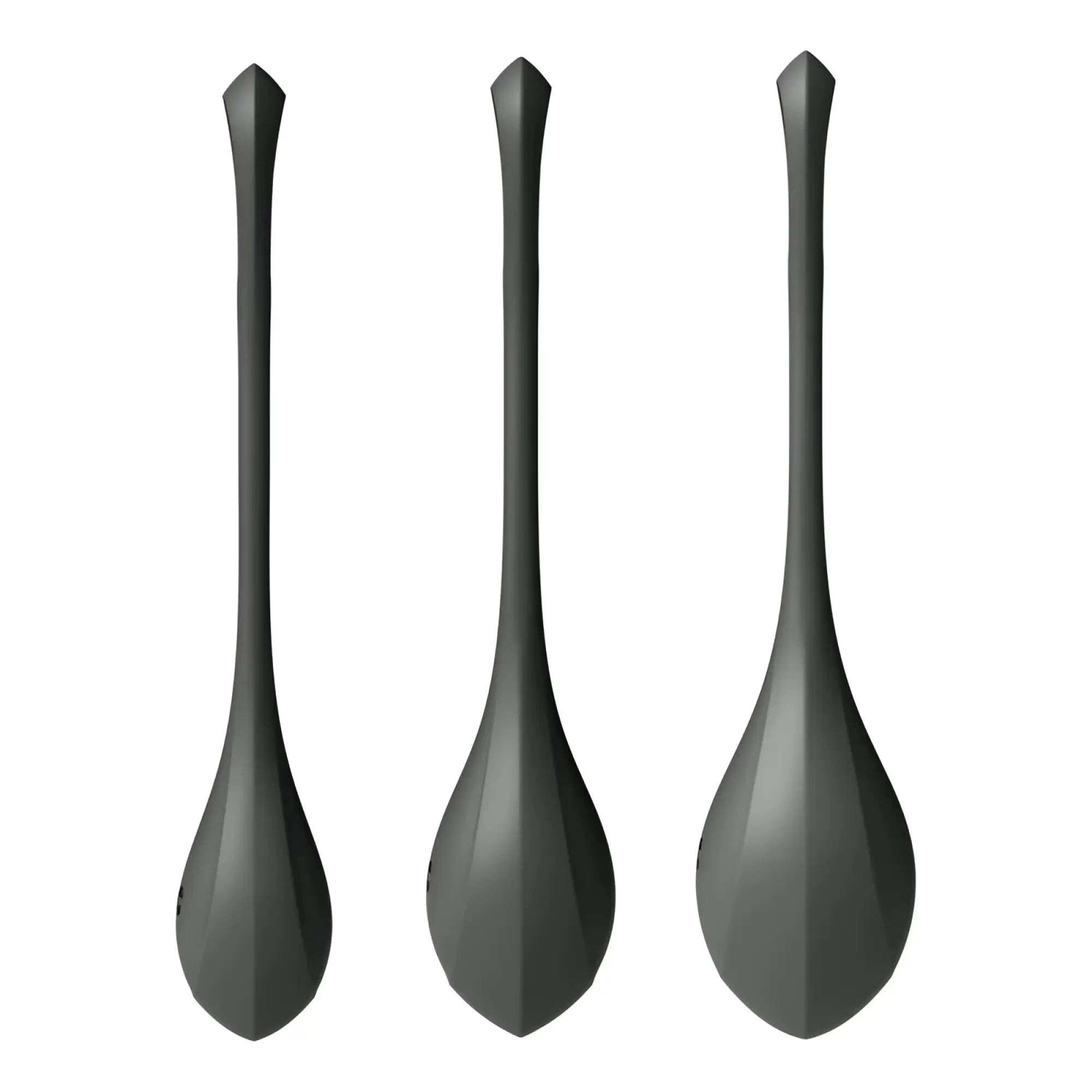 Set of three sleek matte black satisfyer yoni power balls with modern geometric design in a 3 piece set