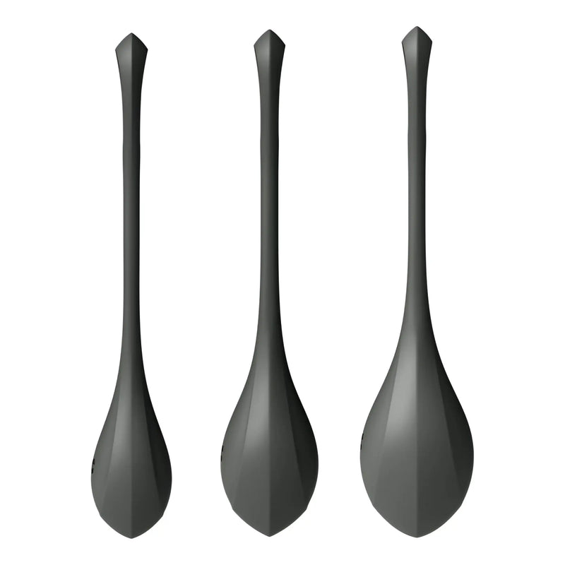 Set of three sleek matte black satisfyer yoni power balls with modern geometric design in a 3 piece set